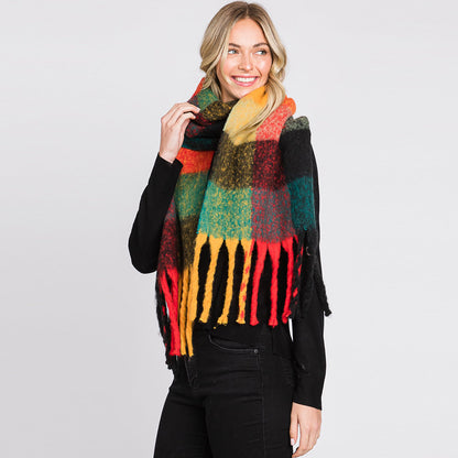 Multi Colored Plaid Check Patterned Fringe Oblong Scarf