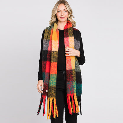 Multi Colored Plaid Check Patterned Fringe Oblong Scarf