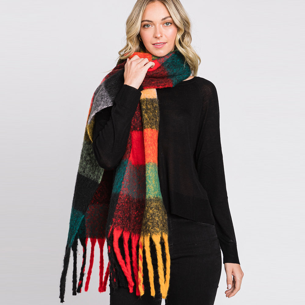 Multi Colored Plaid Check Patterned Fringe Oblong Scarf