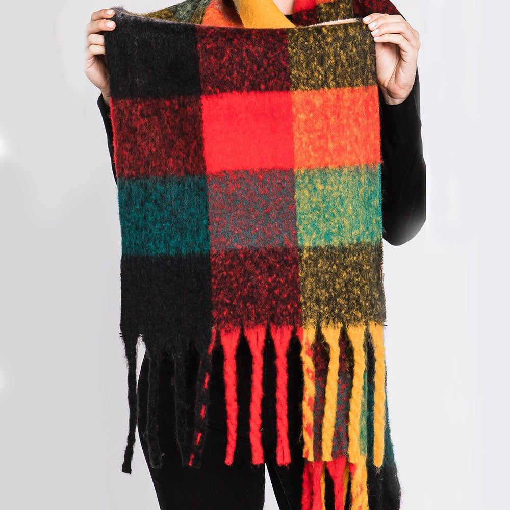 Multi Colored Plaid Check Patterned Fringe Oblong Scarf