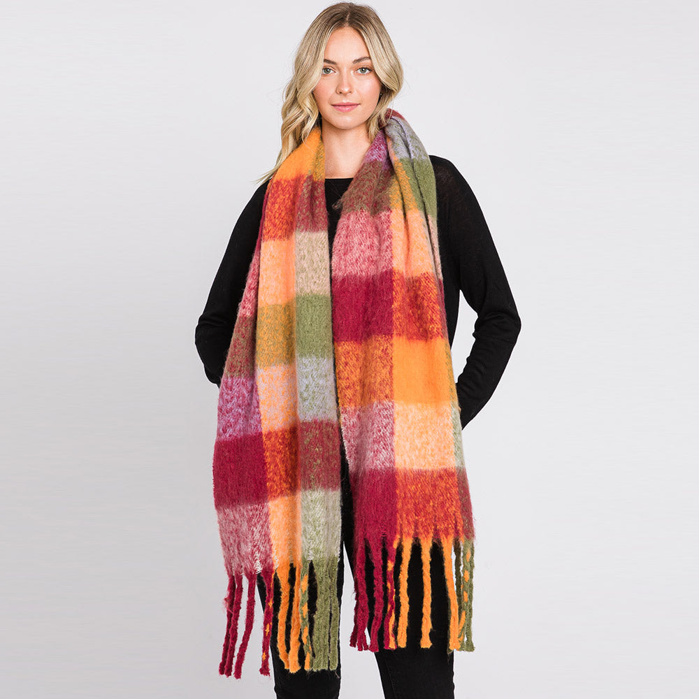 Multi Colored Plaid Check Patterned Fringe Oblong Scarf