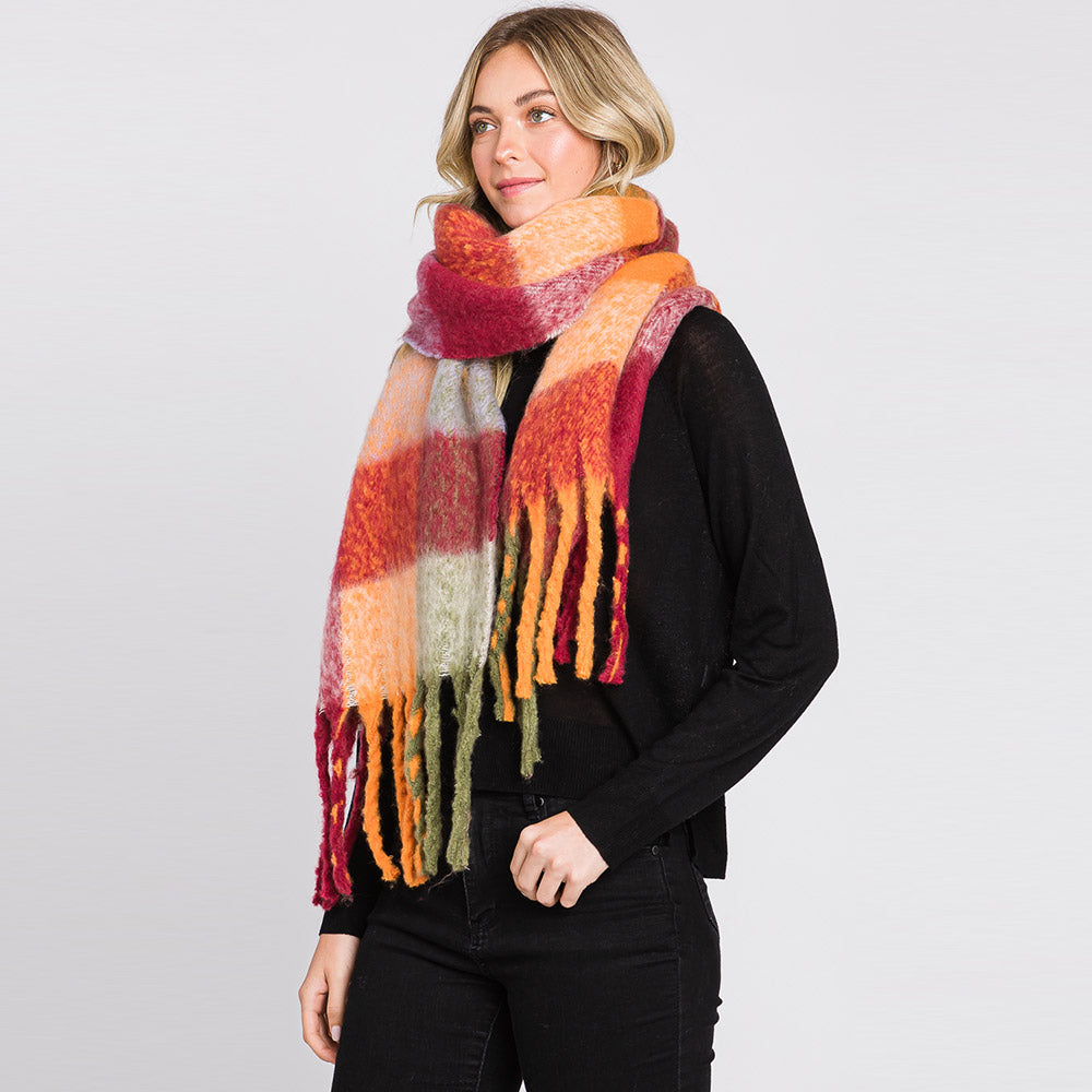 Multi Colored Plaid Check Patterned Fringe Oblong Scarf