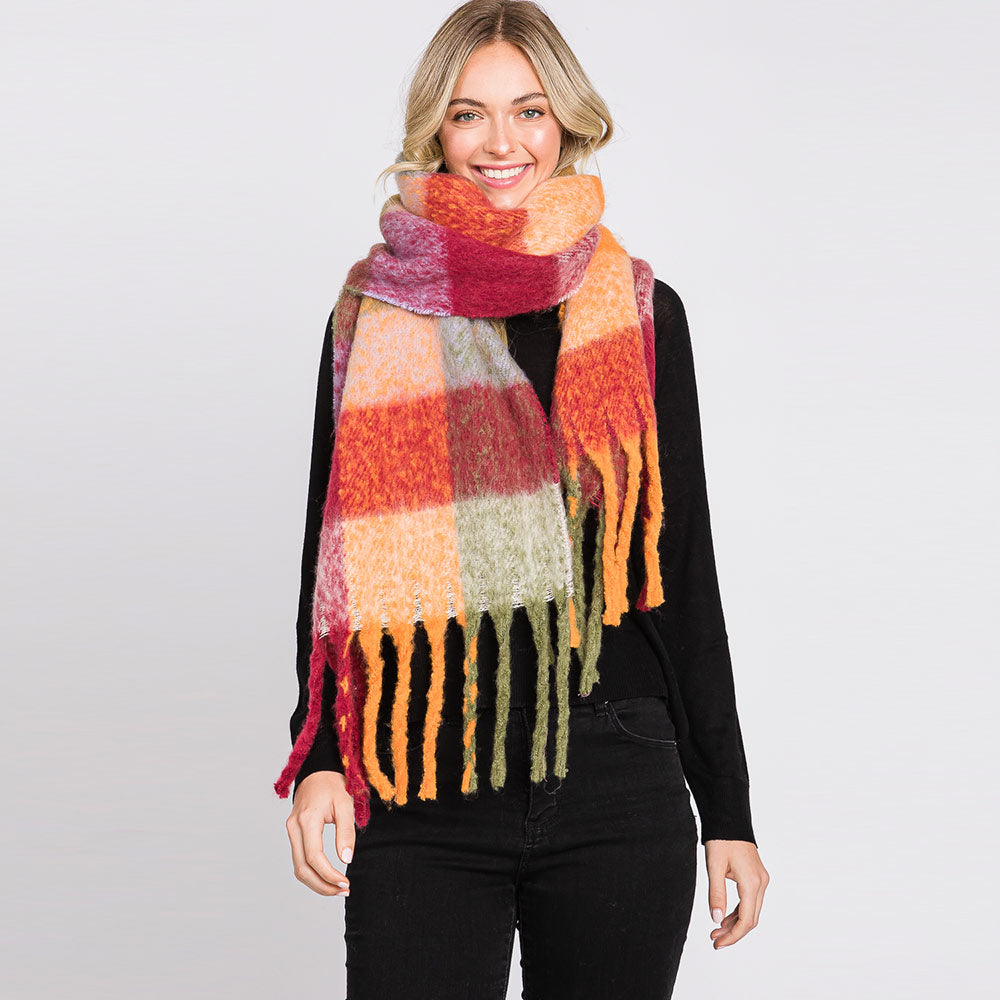 Multi Colored Plaid Check Patterned Fringe Oblong Scarf