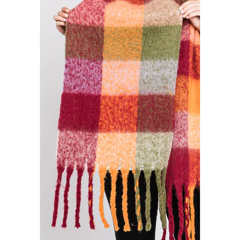 Multi Colored Plaid Check Patterned Fringe Oblong Scarf