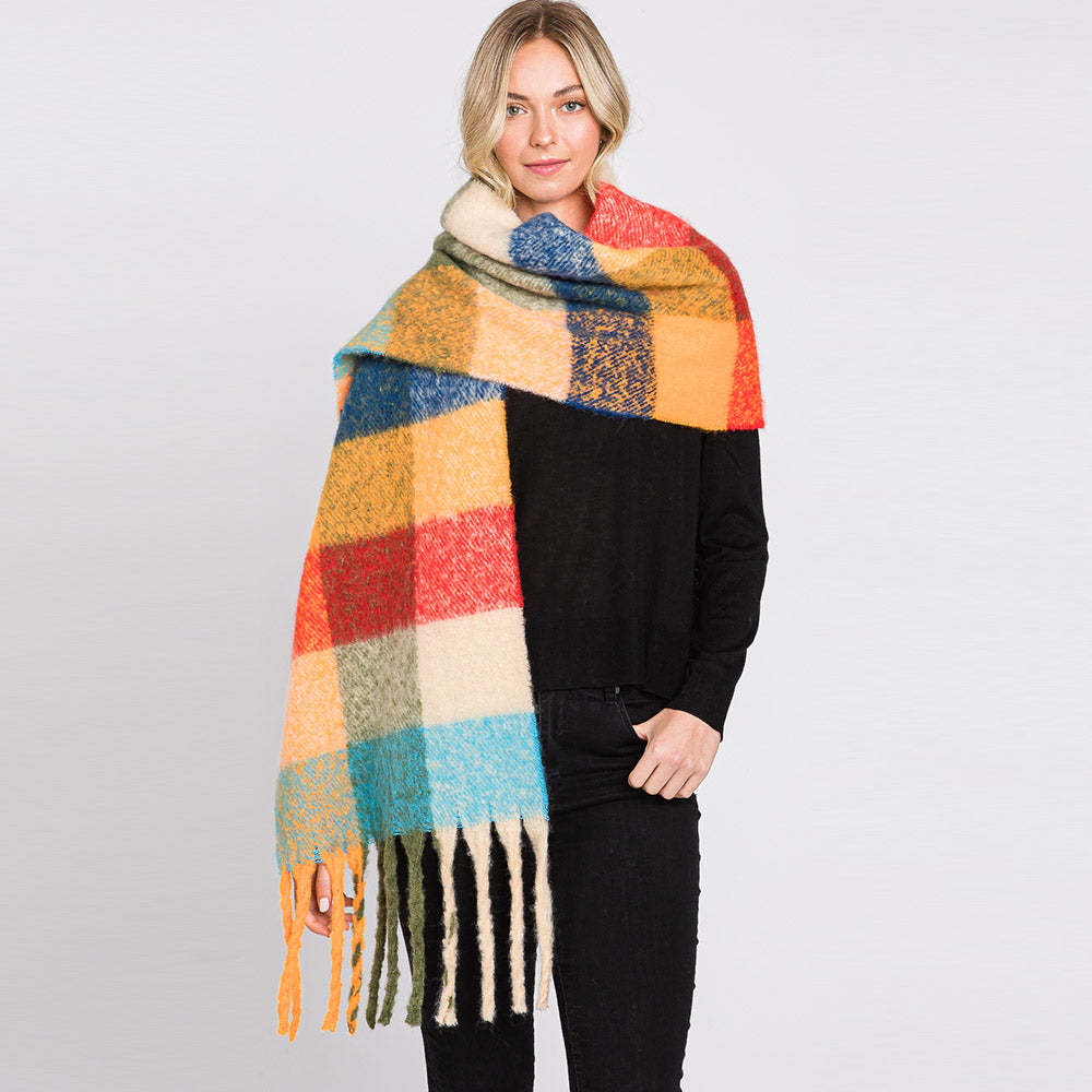 Multi Colored Plaid Check Patterned Fringe Oblong Scarf