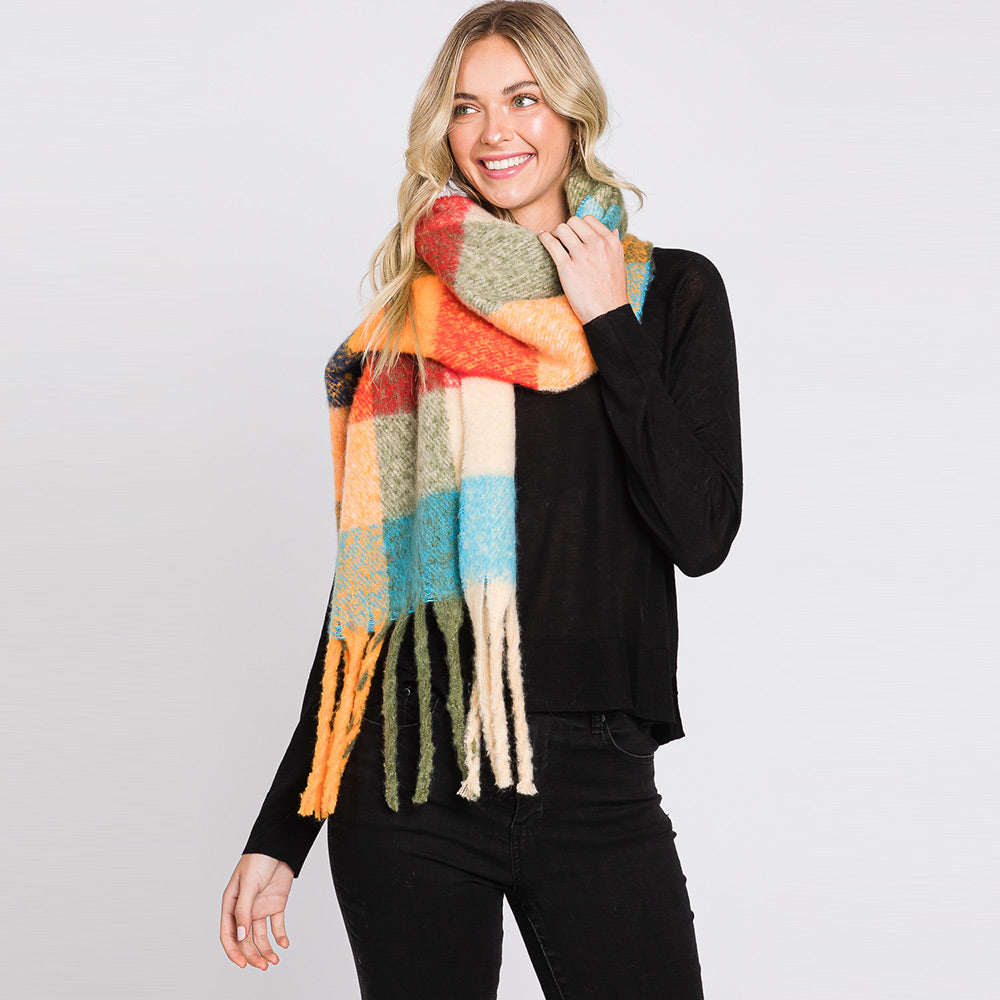 Multi Colored Plaid Check Patterned Fringe Oblong Scarf