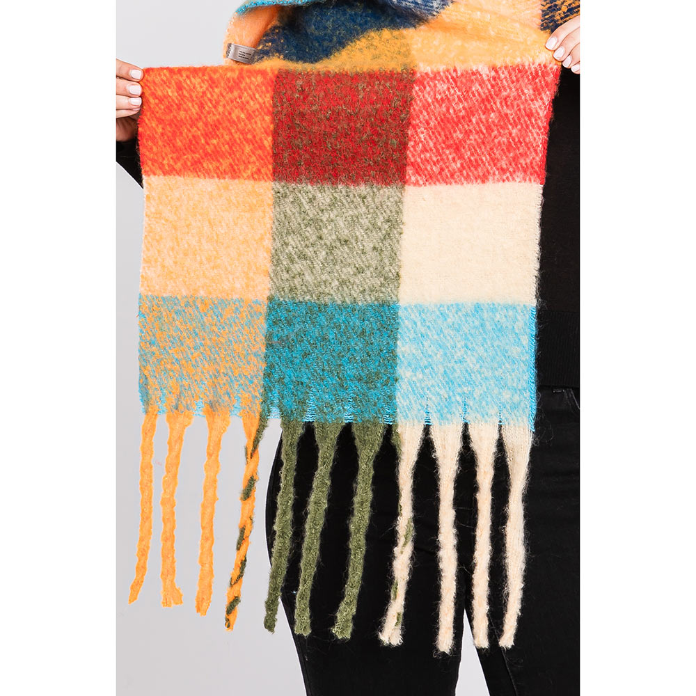 Multi Colored Plaid Check Patterned Fringe Oblong Scarf