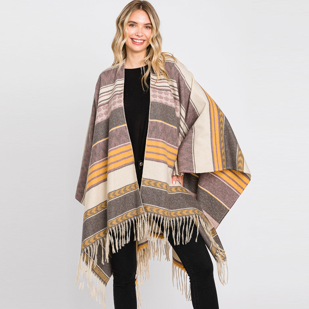 Aztec Patterned Fringe Ruana Poncho