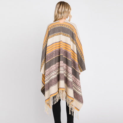 Aztec Patterned Fringe Ruana Poncho