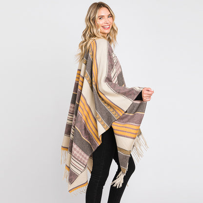 Aztec Patterned Fringe Ruana Poncho