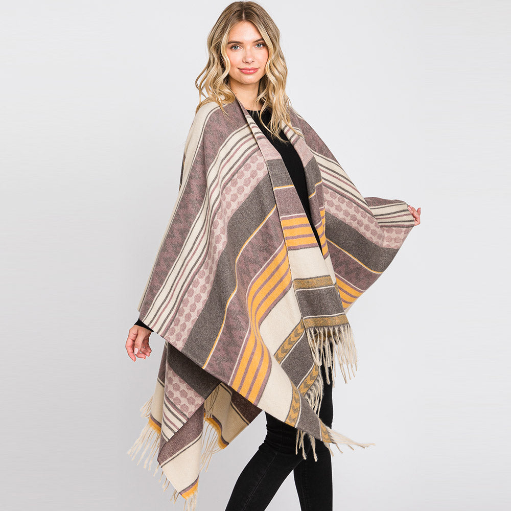 Aztec Patterned Fringe Ruana Poncho