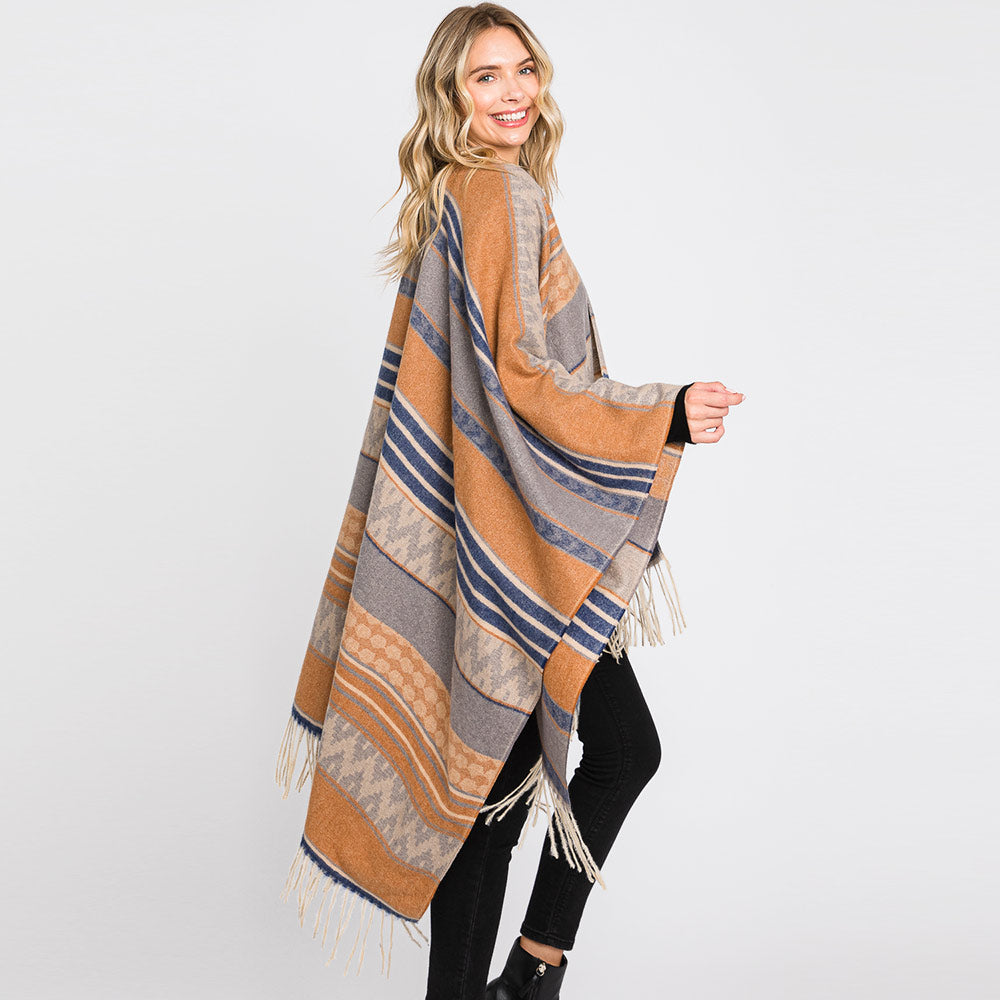 Aztec Patterned Fringe Ruana Poncho