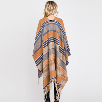 Aztec Patterned Fringe Ruana Poncho