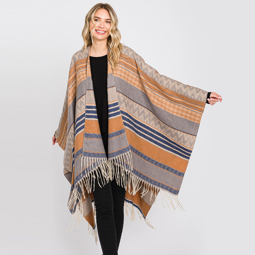 Aztec Patterned Fringe Ruana Poncho