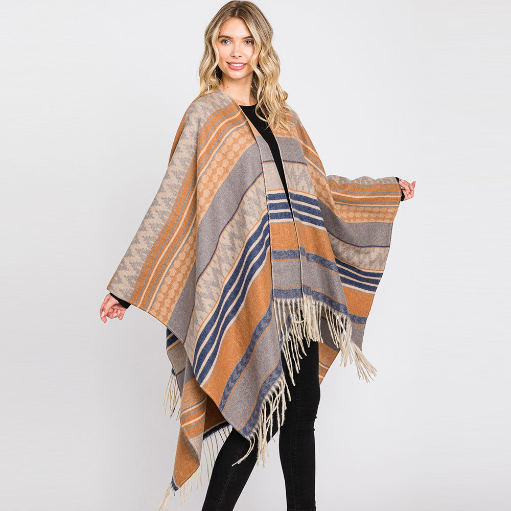 Aztec Patterned Fringe Ruana Poncho