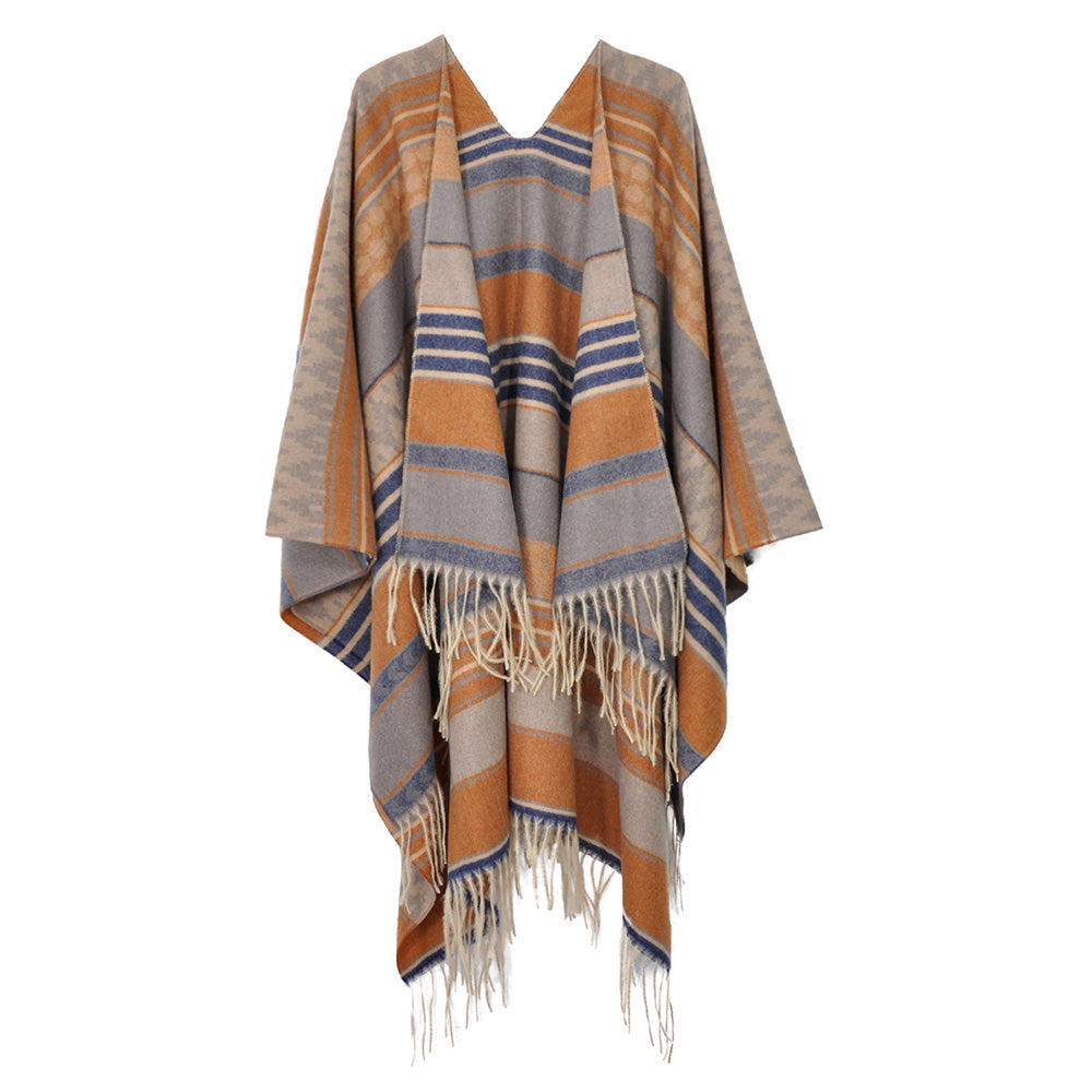 Aztec Patterned Fringe Ruana Poncho