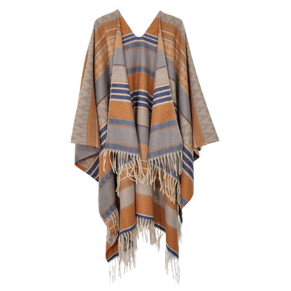 Aztec Patterned Fringe Ruana Poncho