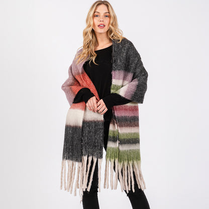 Brushed Multi Color Stripe Scarf with Fringes