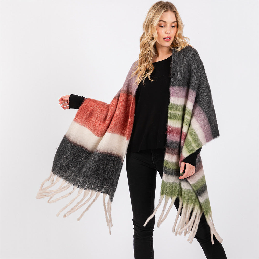 Brushed Multi Color Stripe Scarf with Fringes