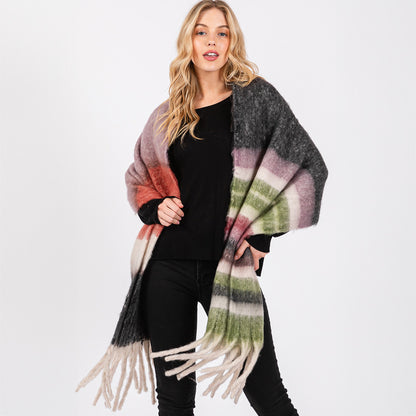 Brushed Multi Color Stripe Scarf with Fringes