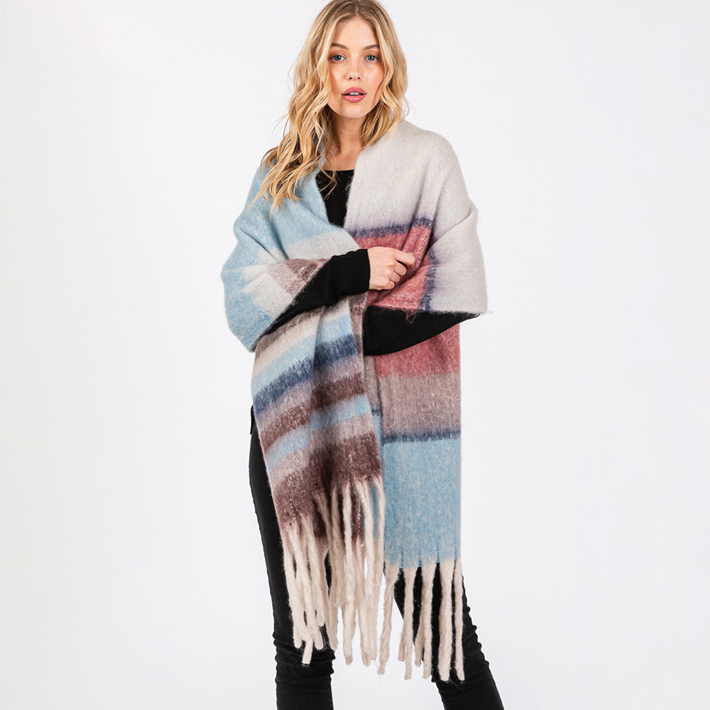 Brushed Multi Color Stripe Scarf with Fringes