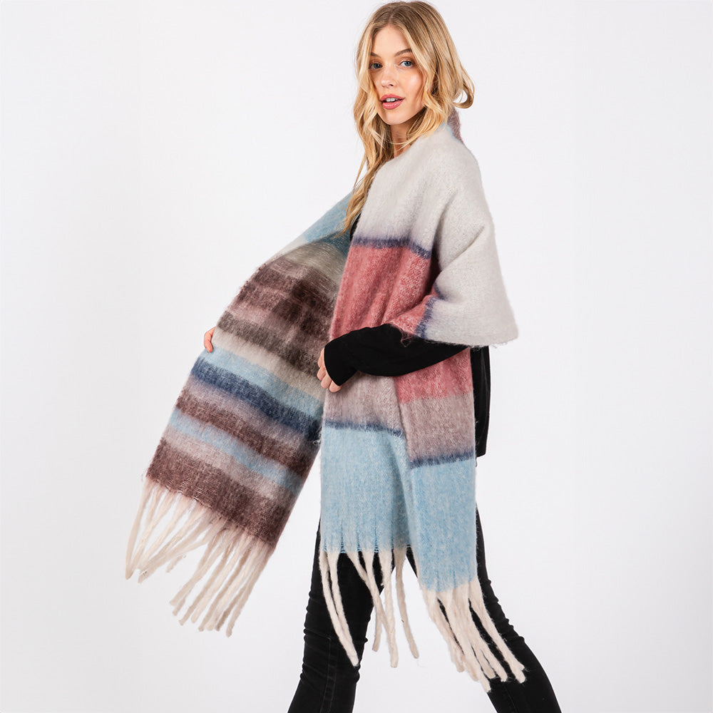 Brushed Multi Color Stripe Scarf with Fringes