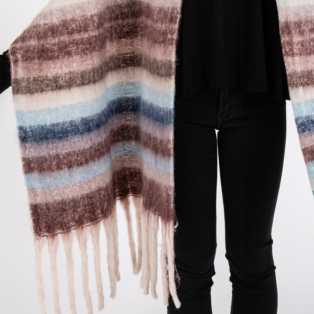 Brushed Multi Color Stripe Scarf with Fringes