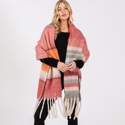 Brushed Multi Color Stripe Scarf with Fringes