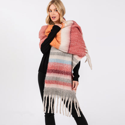 Brushed Multi Color Stripe Scarf with Fringes