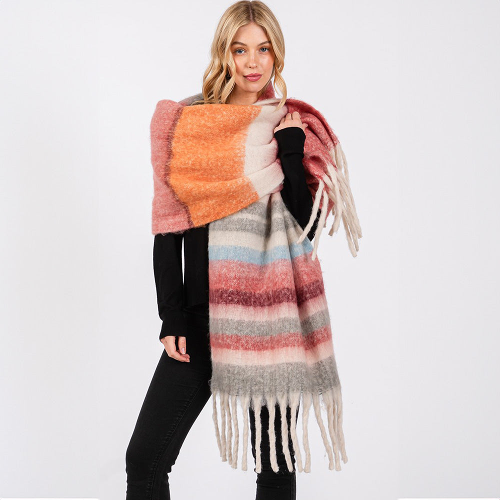 Brushed Multi Color Stripe Scarf with Fringes