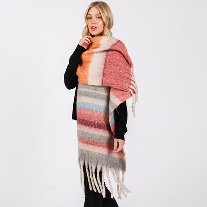 Brushed Multi Color Stripe Scarf with Fringes