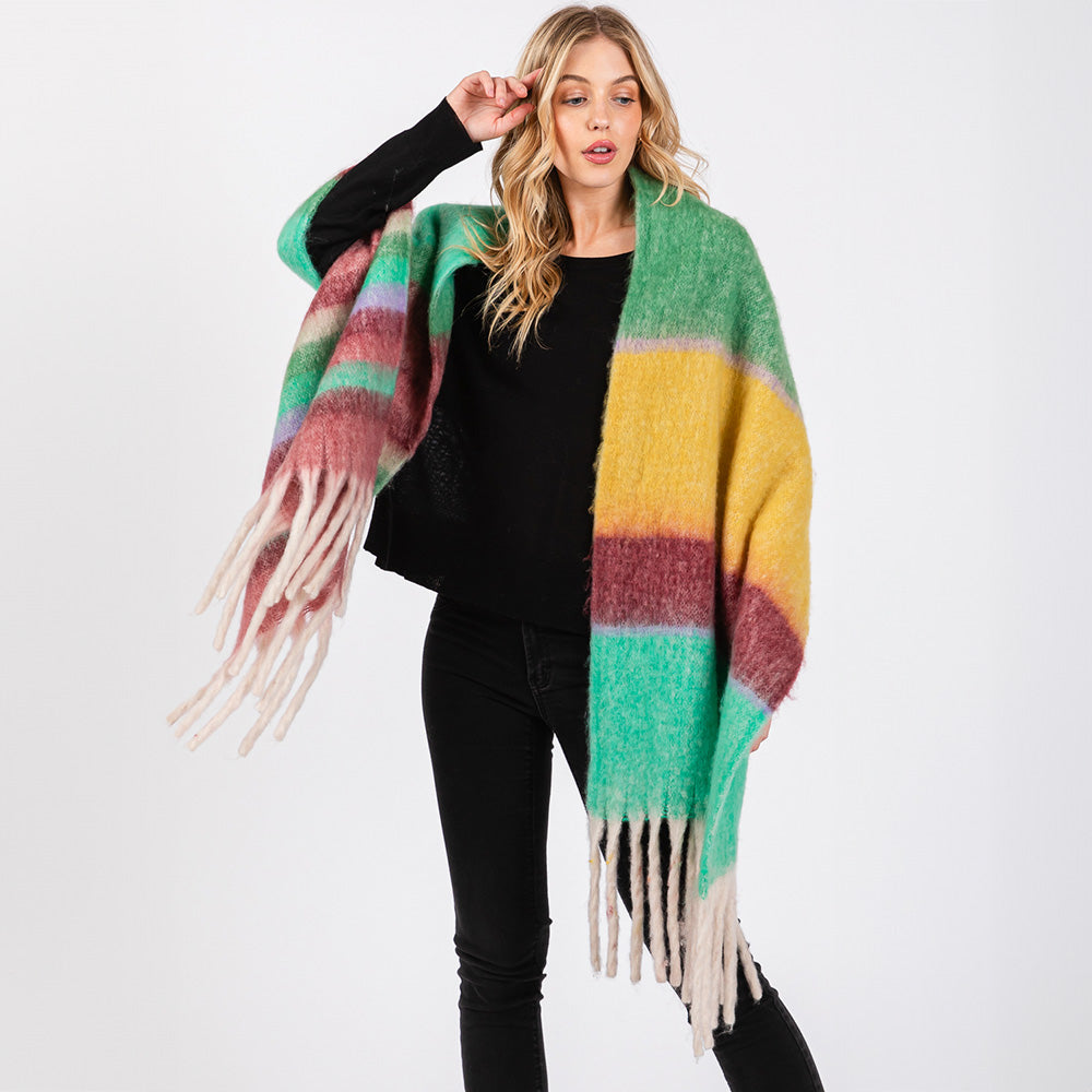 Brushed Multi Color Stripe Scarf with Fringes