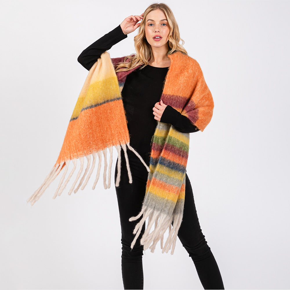 Brushed Multi Color Stripe Scarf with Fringes