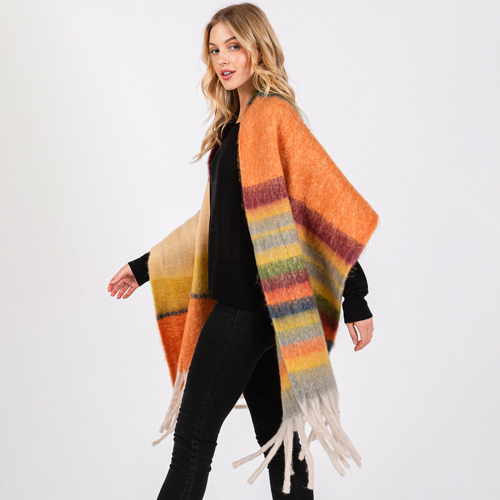 Brushed Multi Color Stripe Scarf with Fringes