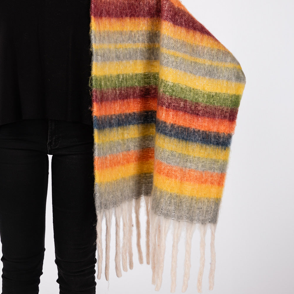 Brushed Multi Color Stripe Scarf with Fringes