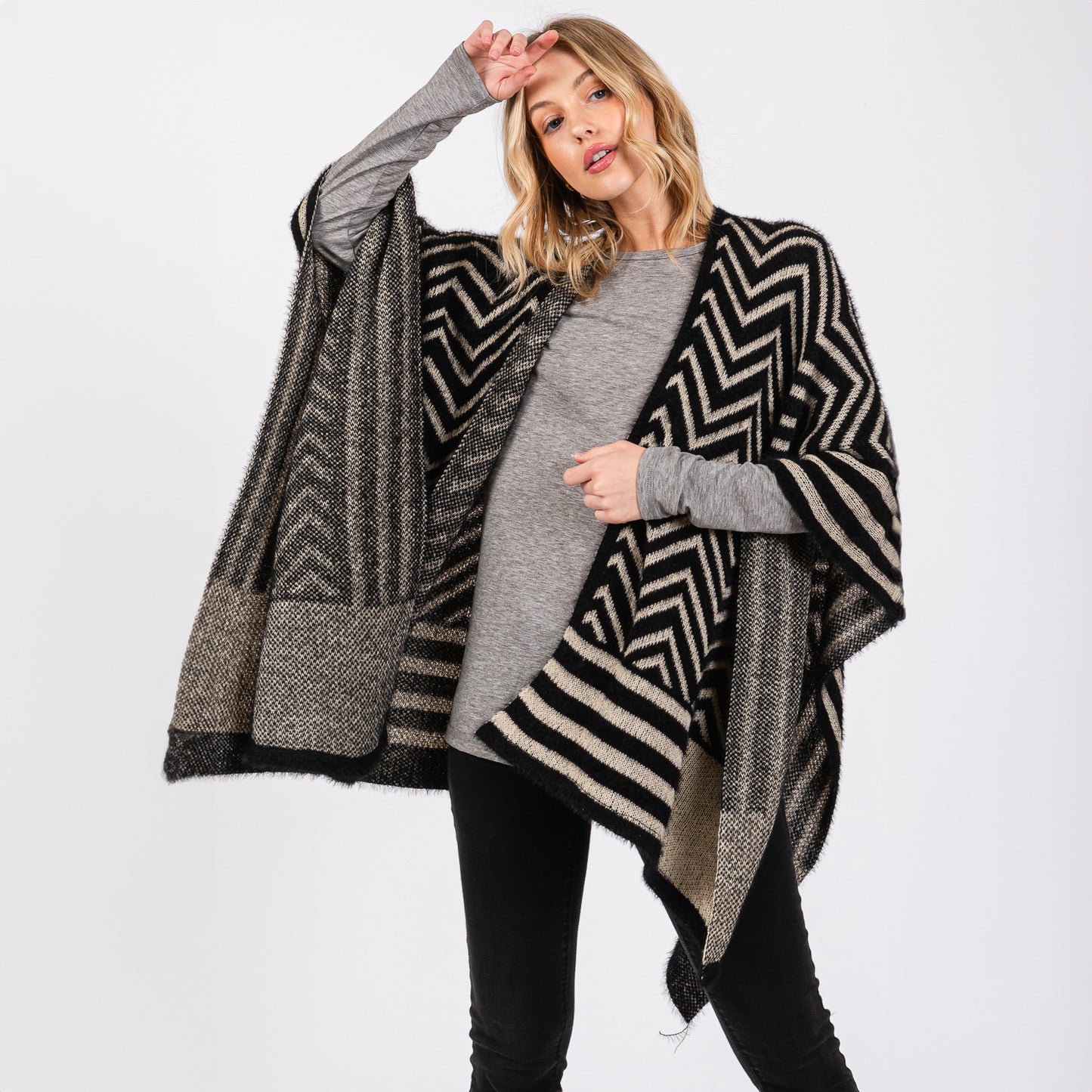 Fuzzy Chevron Pattern Ruana Poncho