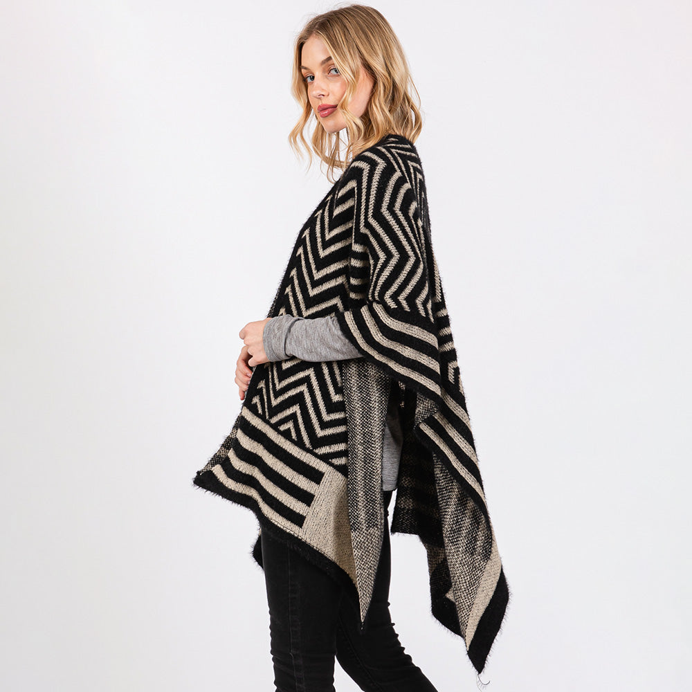 Fuzzy Chevron Pattern Ruana Poncho