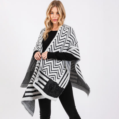 Fuzzy Chevron Pattern Ruana Poncho