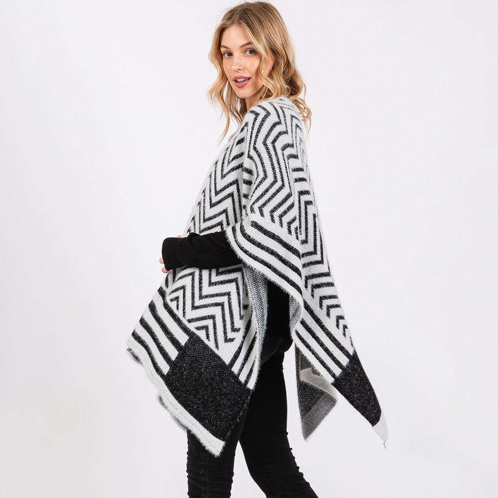 Fuzzy Chevron Pattern Ruana Poncho