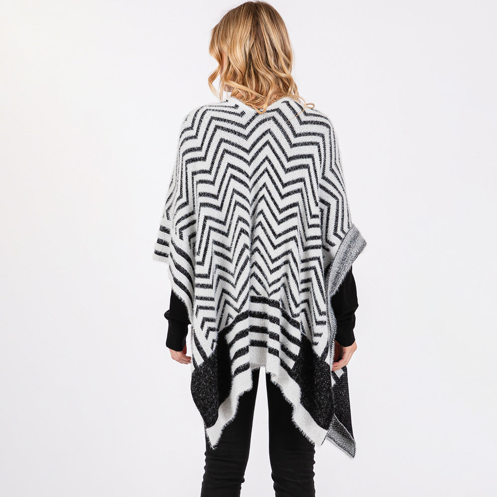 Fuzzy Chevron Pattern Ruana Poncho