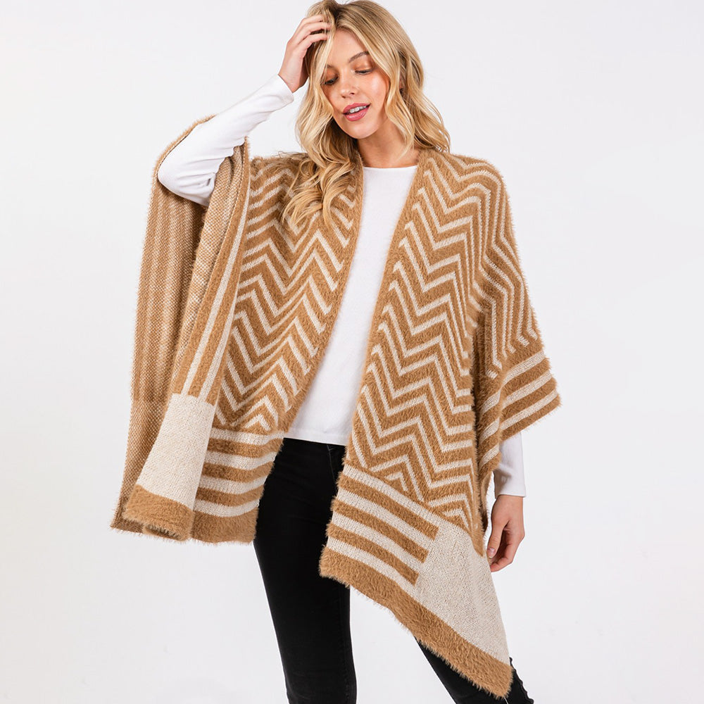 Fuzzy Chevron Pattern Ruana Poncho