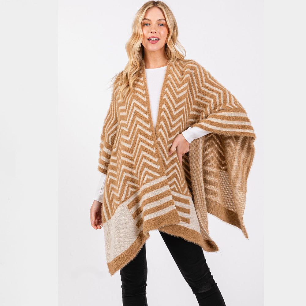 Fuzzy Chevron Pattern Ruana Poncho