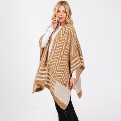 Fuzzy Chevron Pattern Ruana Poncho