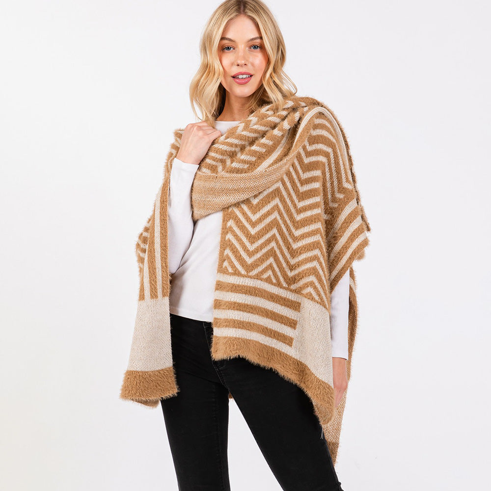 Fuzzy Chevron Pattern Ruana Poncho