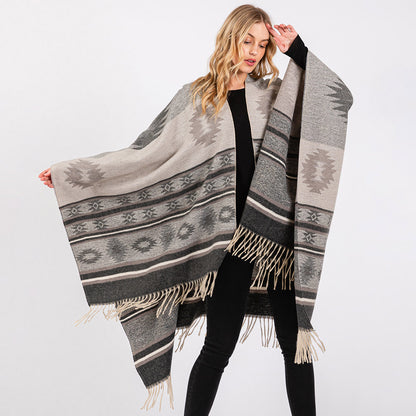 Aztec Pattern Fringe Ruana Poncho