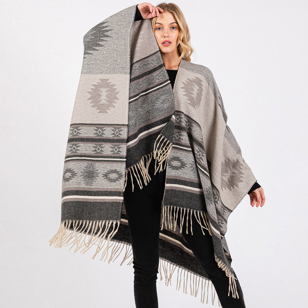 Aztec Pattern Fringe Ruana Poncho