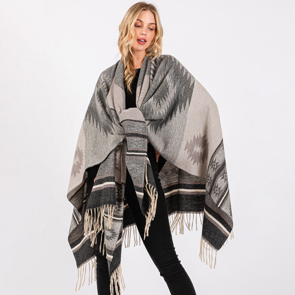 Aztec Pattern Fringe Ruana Poncho