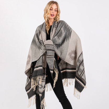 Aztec Pattern Fringe Ruana Poncho