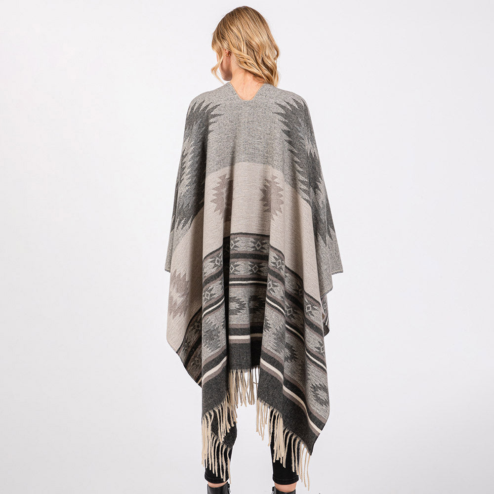 Aztec Pattern Fringe Ruana Poncho