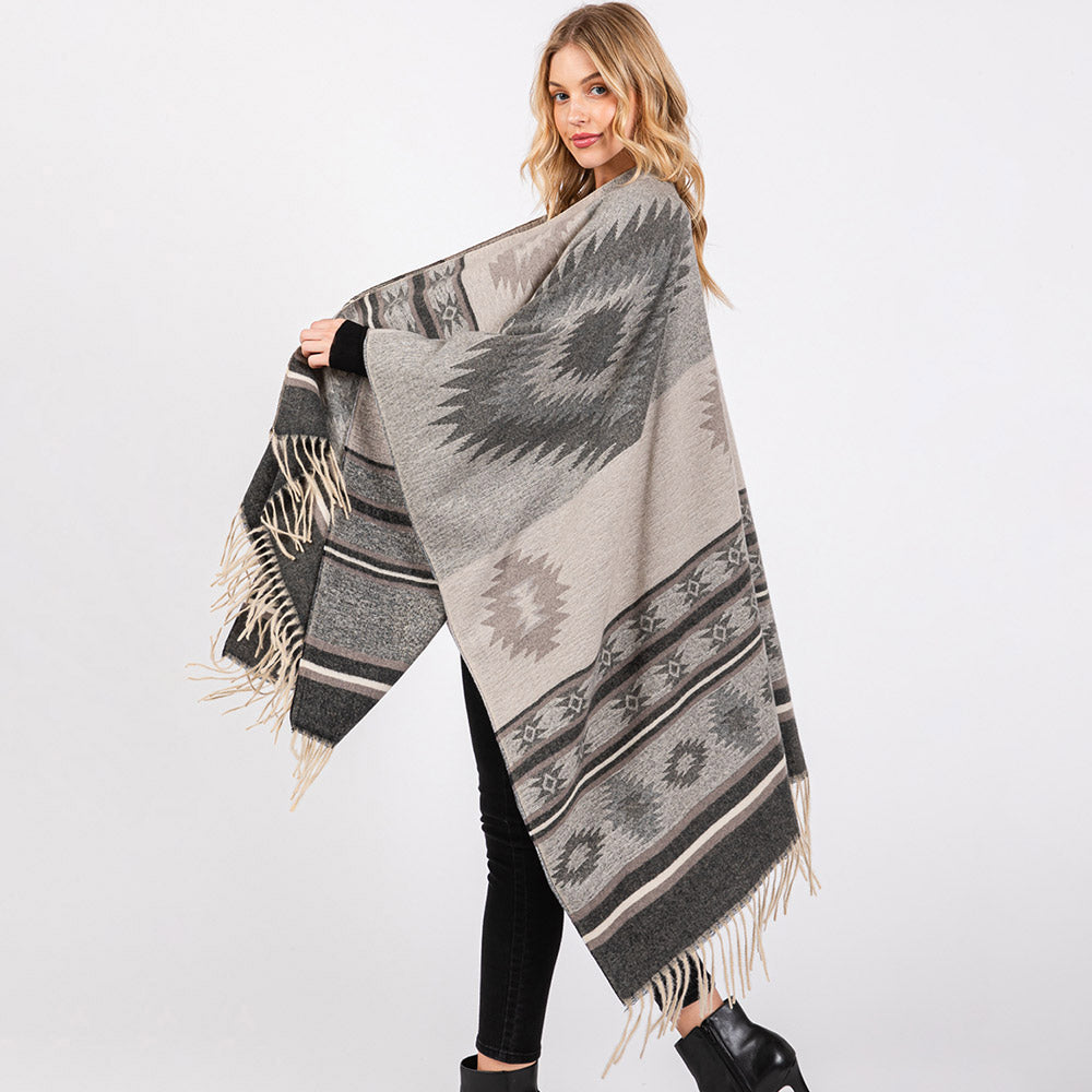 Aztec Pattern Fringe Ruana Poncho